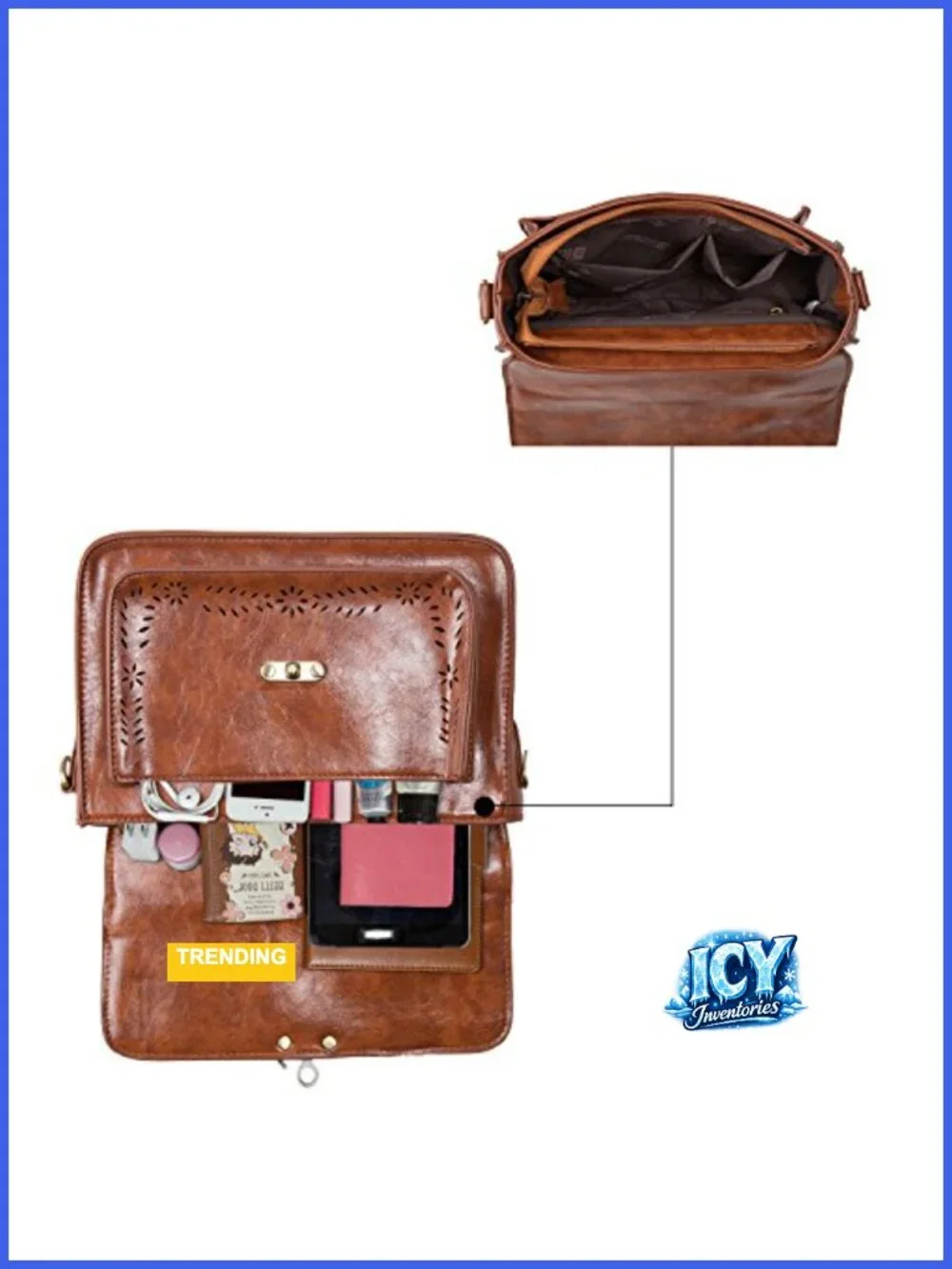 PU Leather Satchel Crossbody Bag with Vintage Buttons, Adjustable Strap,